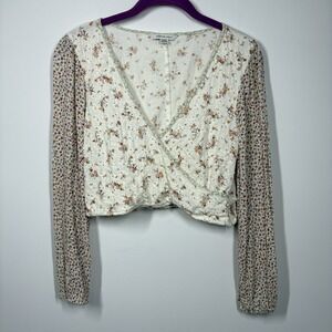 American Eagle Womens Cropped Eyelet Top Size M Microfloral Cotton Long Sleeves